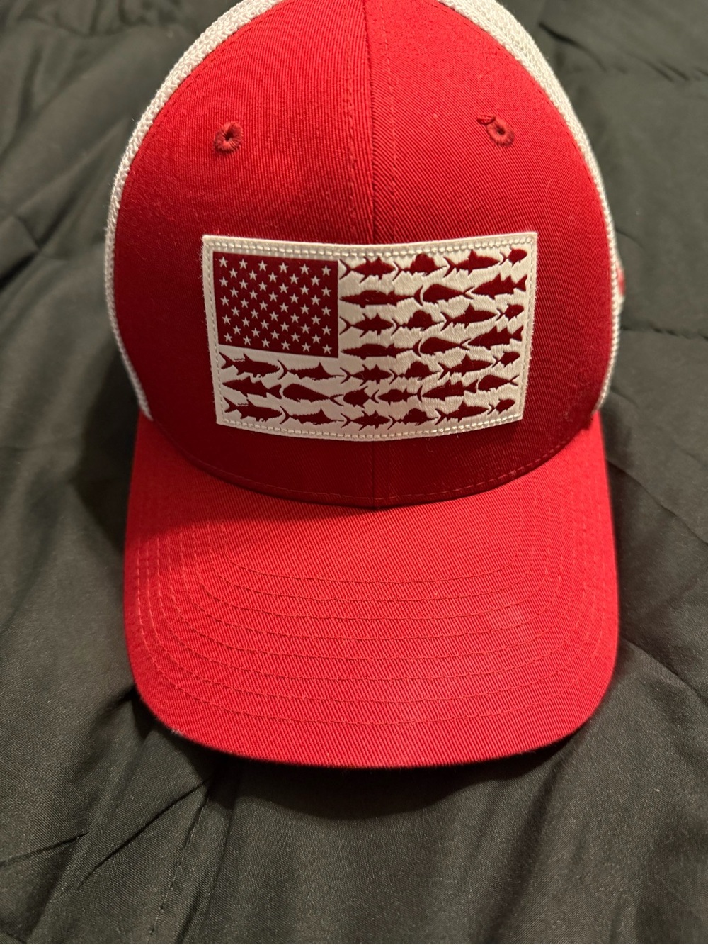 Columbia Red and White Mens Trucker Hat with Fish Flag Patch